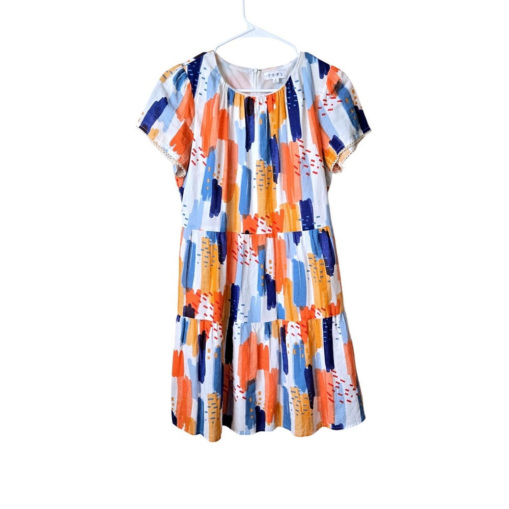 THML Womens Abstract Brushstroke Tiered Mini Dress Small Colorful Mod Retro Twee